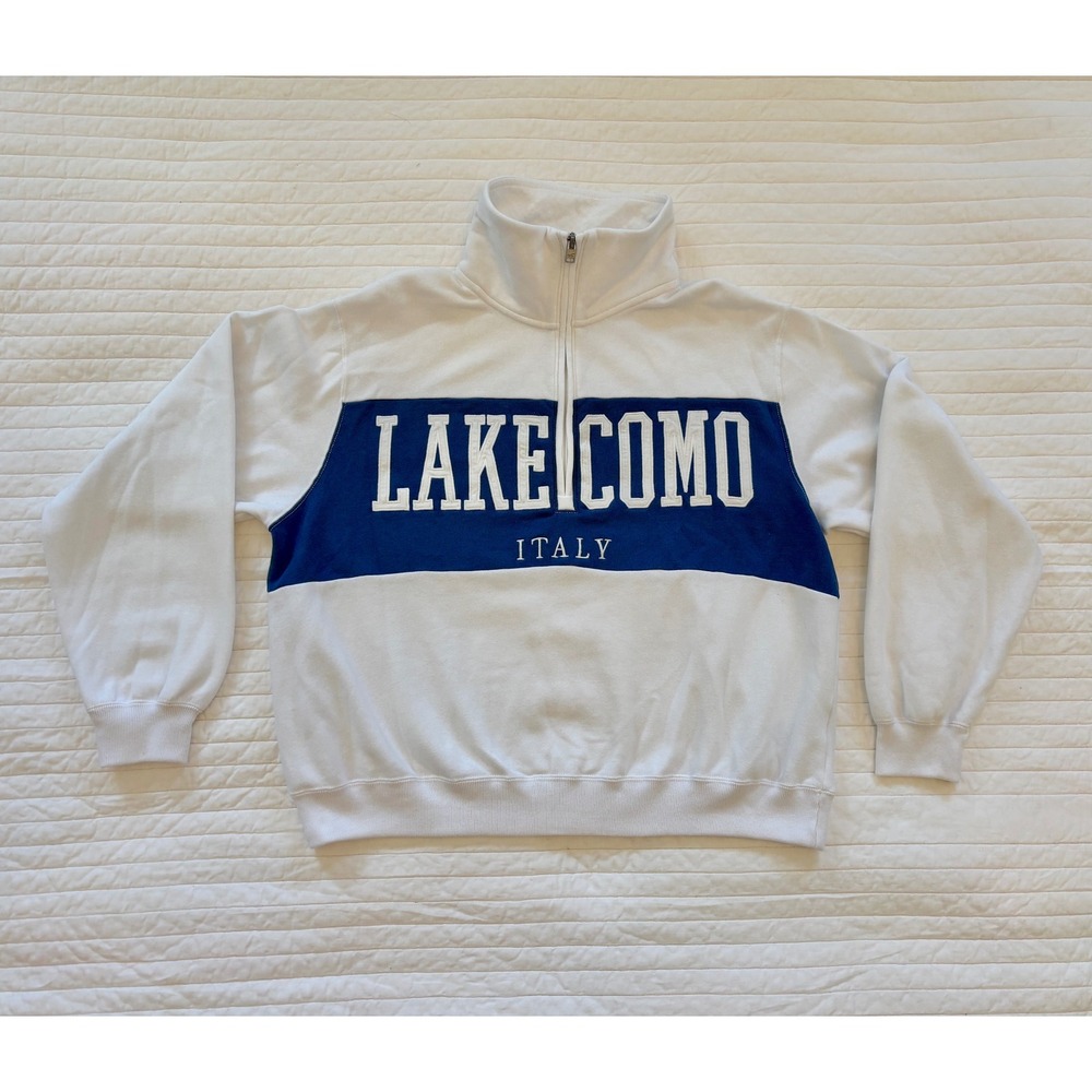 Hollister Preppy Lake Como Italy Quarter Zip Sweatshirt White Navy Blue Small